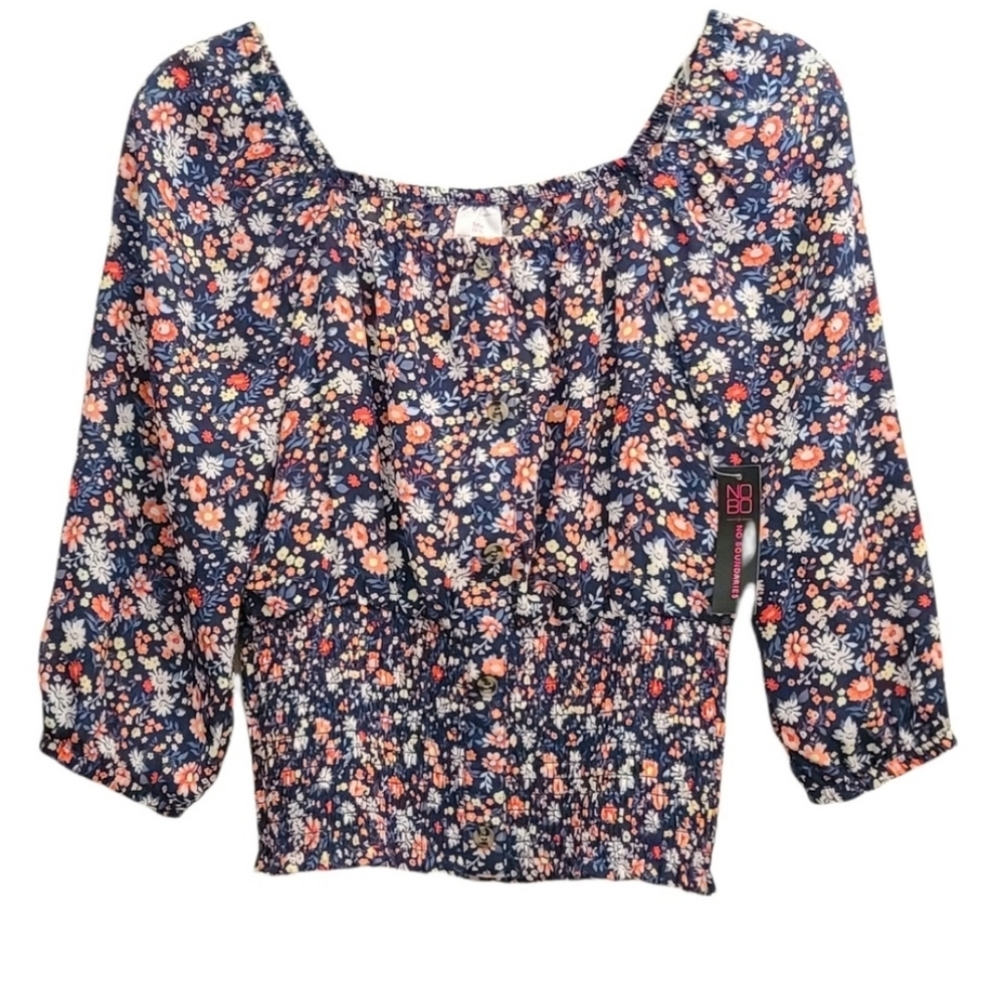 No Bounderies Off Shoulder Long Sleeve Smocked Sheer FloralCrop Top Blouse Small